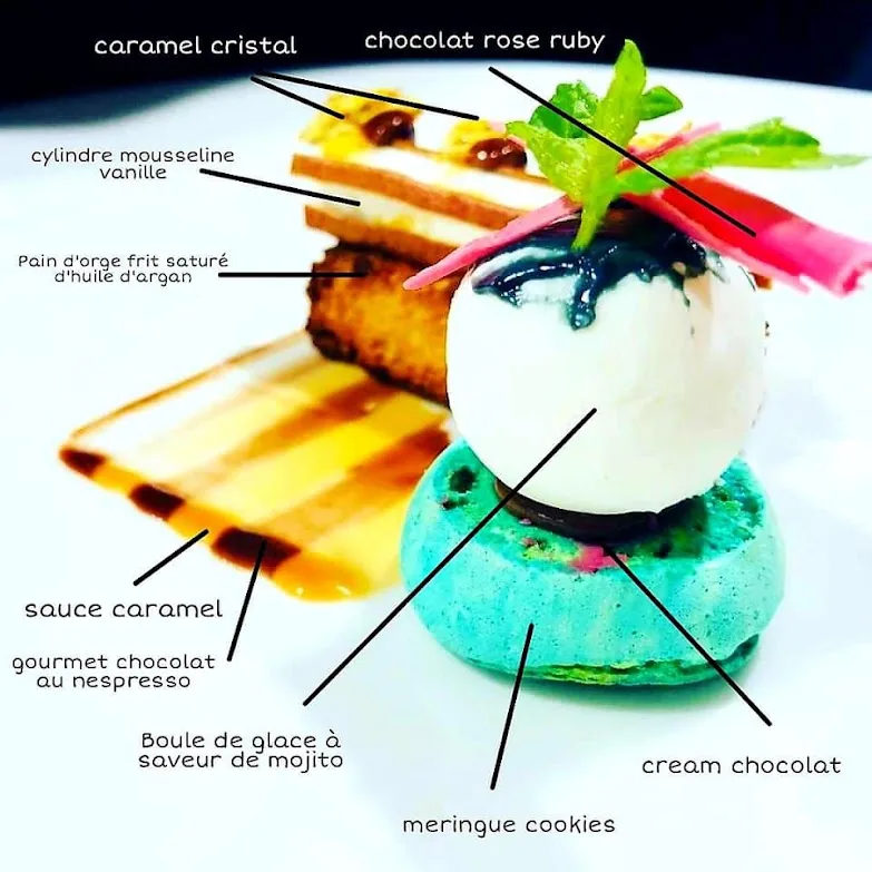 Chef carefully arranging sauces and modern culinary garnishes on a plate