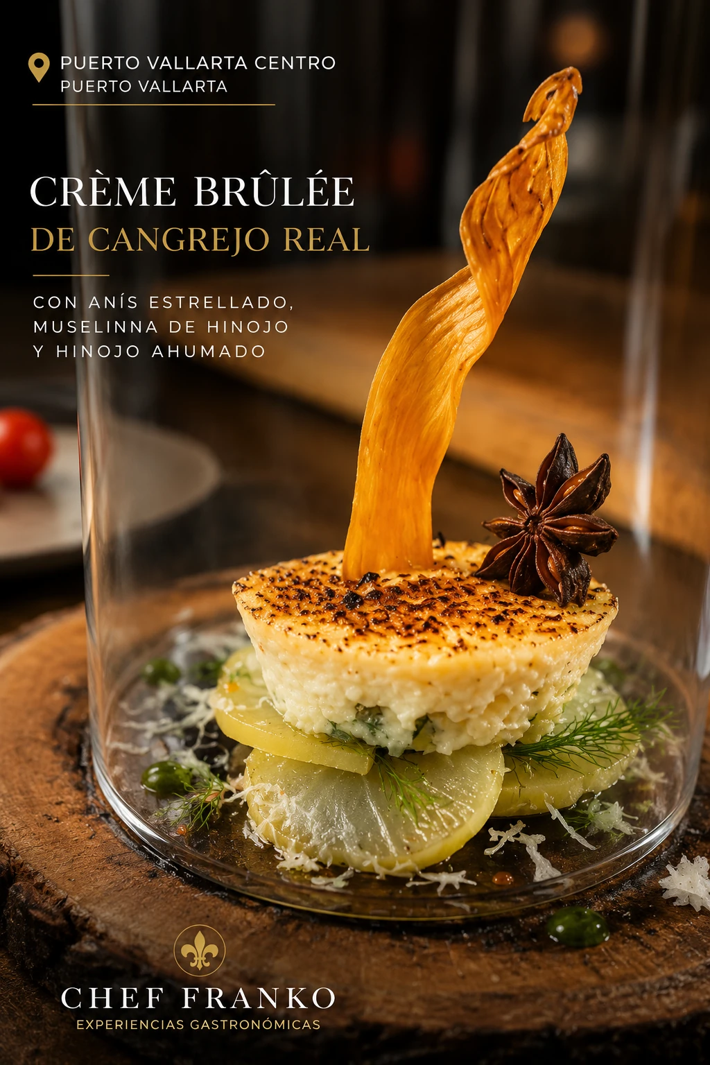 Crab crème brûlée with smoked fennel and star anise garnish