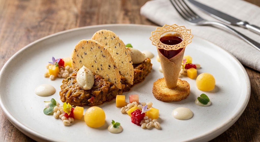 Modern dessert with a chocolate cone, fruit and crisp garnishes
