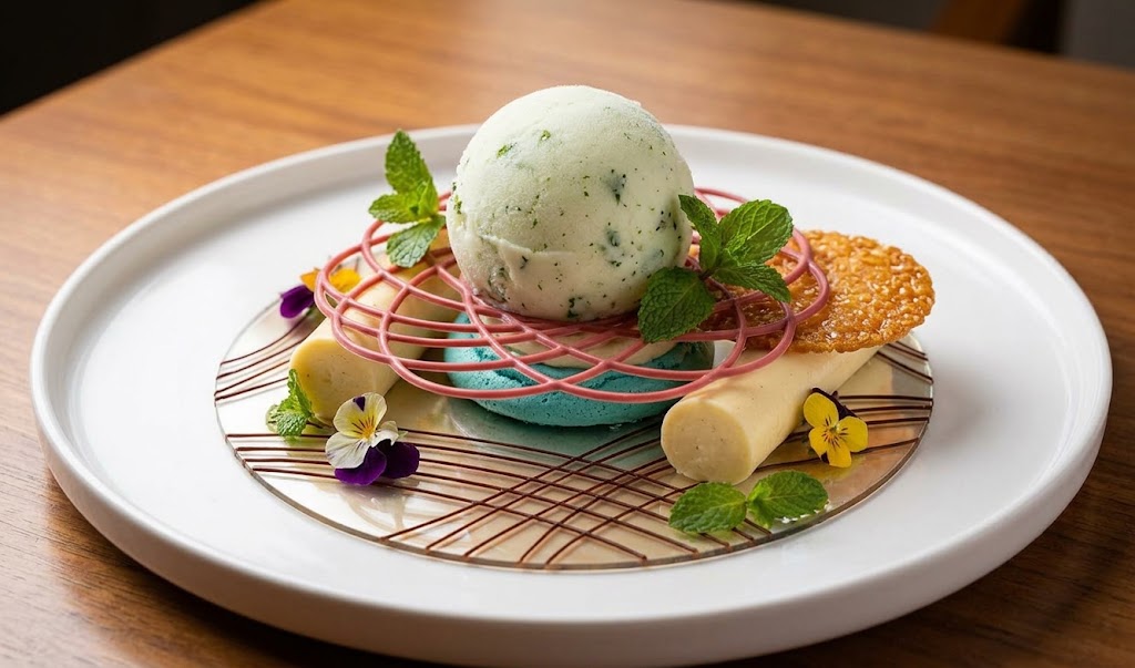 Mint ice cream sphere with delicate dessert garnishes and fresh herbs